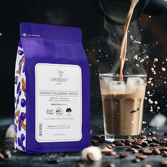 Lifeboost Midnight Blueberry Mocha Whole Bean Coffee - Non-GMO Wild Blueberry Low Acid Single Origin Coffee Beans - Third Party Tested For Mycotoxins & Pesticides - 12 Ounces