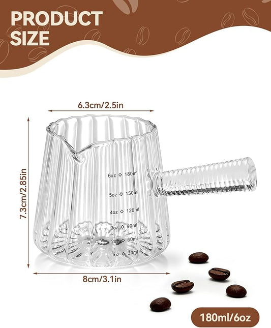 6OZ Glass Measuring Cup - 180ml Borosilicate Glass Espresso Shot Glass with Glass Handle, V-Shaped Spout for Milk Frothing, Espresso Accessories for Machine, Dishwasher Safe