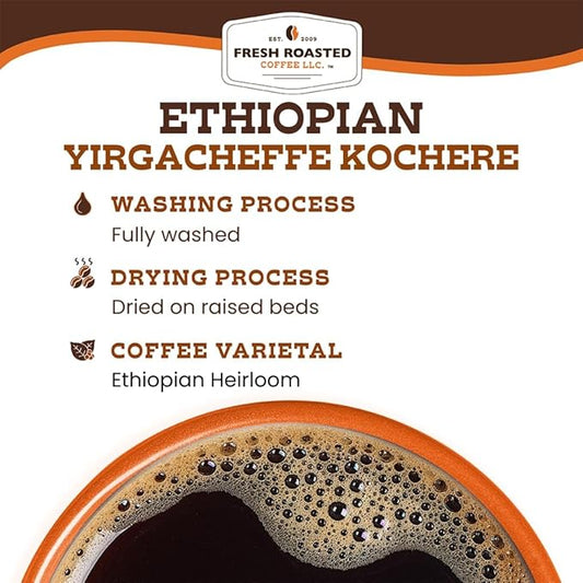 Fresh Roasted Coffee, Ethiopian Yirgacheffe Kochere, 12 oz, Medium Roast, Kosher, Whole Bean