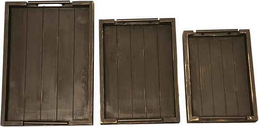 Coffee Table Tray Decorative Nested Vintage Wood Serving Tray Set for Eating, Breakfast, Party, Kitchen, Ottoman,Tea Coffee Table Large Ottoman Trays (Rustic Black, 3Pc)