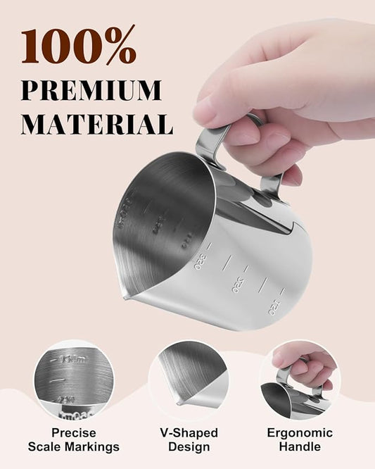 Milk Frothing Pitcher 350ml/12oz Steaming Pitchers Stainless Steel Milk Cappuccino Coffee with Decorating Art Pen, Powder Shaker, 16 Pieces Coffee Decorating Stencils