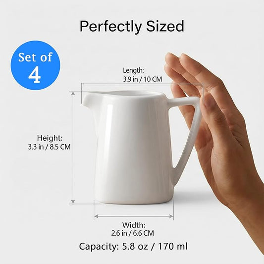 Classic White Small Creamer Pitcher with Handle 5.8 oz/170 ml, 4 Pack Fine Porcelain Square Small Milk Pitcher, Mini Gravy Boat, for Coffee Milk Sauces Salad, Microwave, Freezer Safe