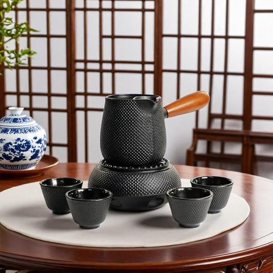 Japanese Cast Iron Tea Cups, Small and Heavy Teacups with no Handles, Japanese Style Cup for Adults, Asian Teacup, Coated with Enameled Interior, 4 Pcs/Box (Black, 3.38oz/100ml)