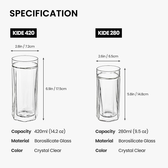 Kide Glass, Crystal Clear, 420ml Capacity, Double Wall