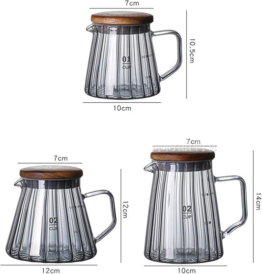Elegant Wave Shaped Glass Creamer Coffee Milk Creamer Pitcher, Coffee Pot Serving Set with Handle and Wooden Lid-Clear Pot-20 OZ-W