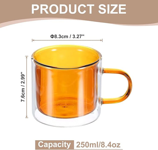 uxcell 8.4 oz Double Wall Glass Coffee Mugs, Glass Tea Cup with Widened Handles for Espresso Coffee, Cappuccino, Tea Bag, Latte, Hot Cold Beverages, Juice, Brown