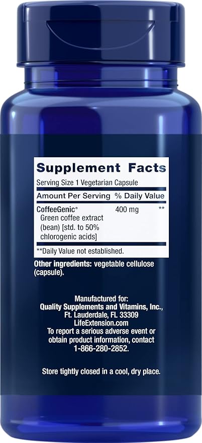 Life Extension CoffeeGenic® Green Coffee Extract, 400 mg, standardized for 50% chlorogenic Acid, After-Meal Metabolism Support, Gluten Free, Non-GMO, Vegetarian, 90 Capsules