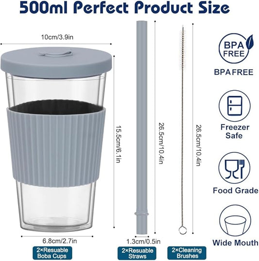 2 Pack Boba Tea Cup, 500ml/17oz Double Wall Plastic Tumbler with Straw and Lid, Leakproof Iced Coffee Smoothie Cup Bubble Tea Cup, Insulated Tumbler with Straw, Cool Gray and Indigo Blue