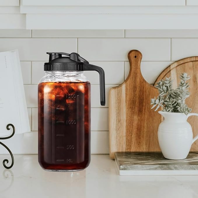 HomeCheer 2 Set 64 oz (2 Quart), Black Cold Brew Coffee Maker, Iced Tea Machines, Thick Glass with Pour Spout Handle Lid, Stainless Steel Filter for Iced Coffee, Fruit Drinks or Sun Tea (2)