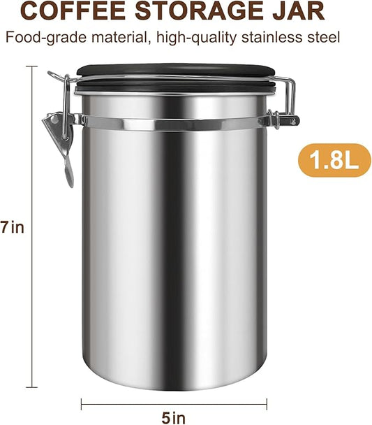 1.8L Airtight Vacuum Coffee Canister, Stainless Steel Storage Container for Coffee Beans and Grounds with Scoop.Suitable for coffee powder, coffee beans, rice, tea leaves, sugar, flour, and grains