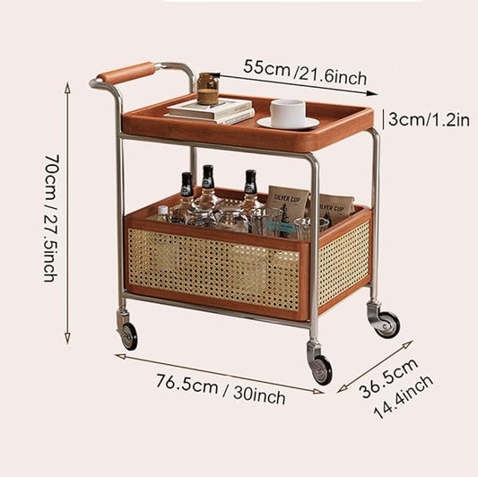 Mid Century Solid Wood Side Table,Rolling Cart,2 Tier Small End Table with Wheels,Mobile Side Table with Breathable Storage Basket,Suitable for Living Rooms,Kitchens,Bedrooms (Black B)