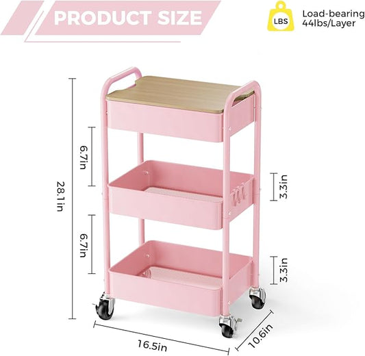 3 Tier Rolling Cart with Table top, Metal Rolling Utility Cart, Sturdy Storage Organizer Cart with Locking Wheels & Hooks for Office, Classroom, Kitchen and Bathroom,Pink