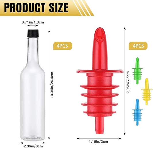 Tioncy 4 Sets 15oz Plastic Liquor Bottles with Pourers Sets 4 Plastic Long Neck Syrup Bottles with Pourer and Caps Reusable Leakproof for Home Party Bar(Red, yellow, blue, green)