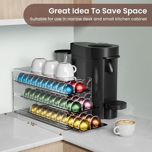 Acrylic Coffee Pod Drawer for Nespresso Vertuo Capsules, 3 Tier 60 Capacity Pods Organizer for Countertop Coffee Bar Home Office Kitchen