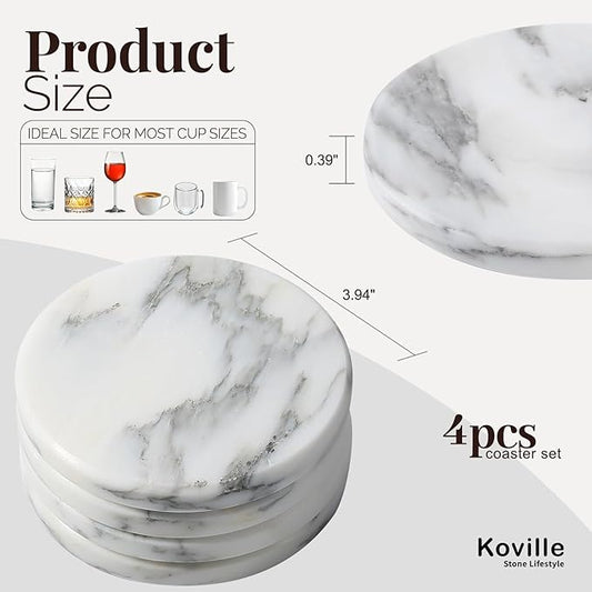 Koville Marble Coaster Set of 4, Round Coasters, 4" Stone Coaster for Drinks Coffee, Marble Coasters for Coffee Table Home Bar Decor, Heat Resistant, Gift Choice(Arabescato)
