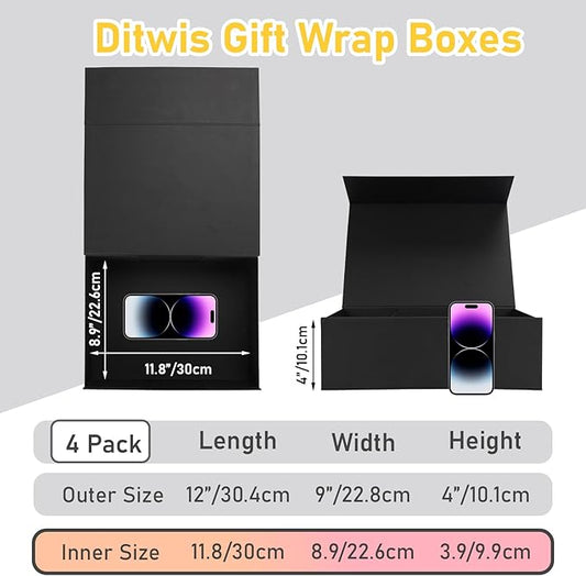 Ditwis 4 Pack 12x9x4 Inches Gift Boxes with Magnetic Closure Lids, Black Magnetic Box for Wedding, Groomsmen Bridesmaid Proposal, Birthdays, Mother's Day