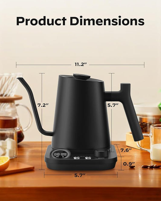 Silonn Gooseneck Kettle, Electric Kettle with ±1°F Precise Temperature Control, Pour-Over Coffee,212°F Hold for 4-Hour Warmth, LED Brew Timer and 7 Presets, 304 Stainless Steel Kettle, 1200W/0.9L