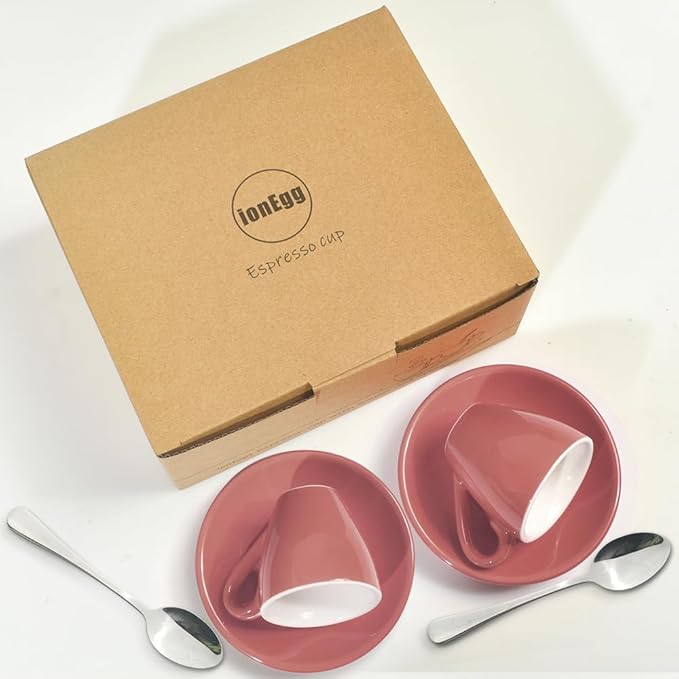 ionEgg Porcelain Espresso Cup with Saucer And Stainless Steel mini Spoons, Espresso shot Cup, 80ml/2.7Oz, Pack of 2, Pink