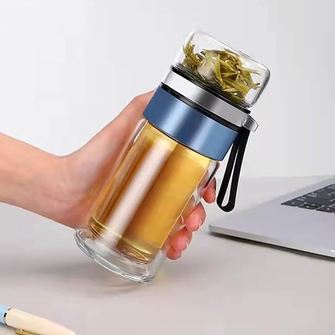 Glass Tea Infuser Bottle, Double Wall Portable Tumbler Mug Travel Tumbler Mug Men Tea Infuser Water Bottle (Blue)