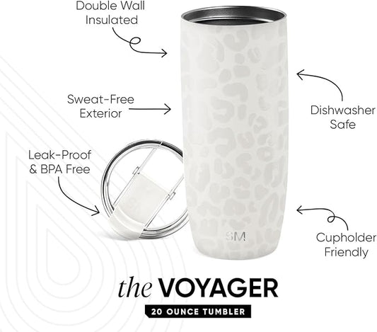 Simple Modern Travel Coffee Mug Tumbler with Flip Lid | Reusable Insulated Stainless Steel Cold Brew Iced Coffee Cup Thermos | Gifts for Women Men Him Her | Voyager Collection | 20oz | Cream Leopard