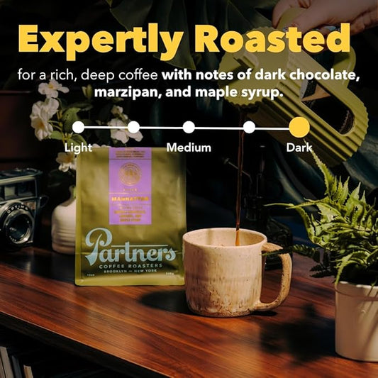 PARTNERS COFFEE ROASTERS - Whole Bean Coffee (Manhattan - Dark Roast) 12oz - Rich, Deep, & Flavorful Omniroast - Baker's Chocolate, Caramel, Maple Syrup - Coffee Beans - Roasted in New York City