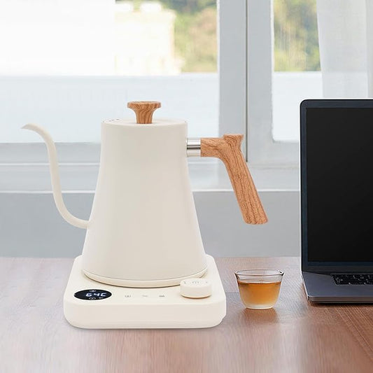Gooseneck Electric Kettle, 1200W Fast Heat 0.9L Stainless Steel Kettle Adjustable Temp 104-212°F ±1°F, 24H Keep Warm, LED Display - For Pour Over Coffee & Tea (White)