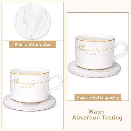 White Marble Coasters Set of 6 Best Round Ceramic Absorbent Coasters with Holder Coffee Cup Coaster Modern Drink Coaster for Bar, Table, Desk