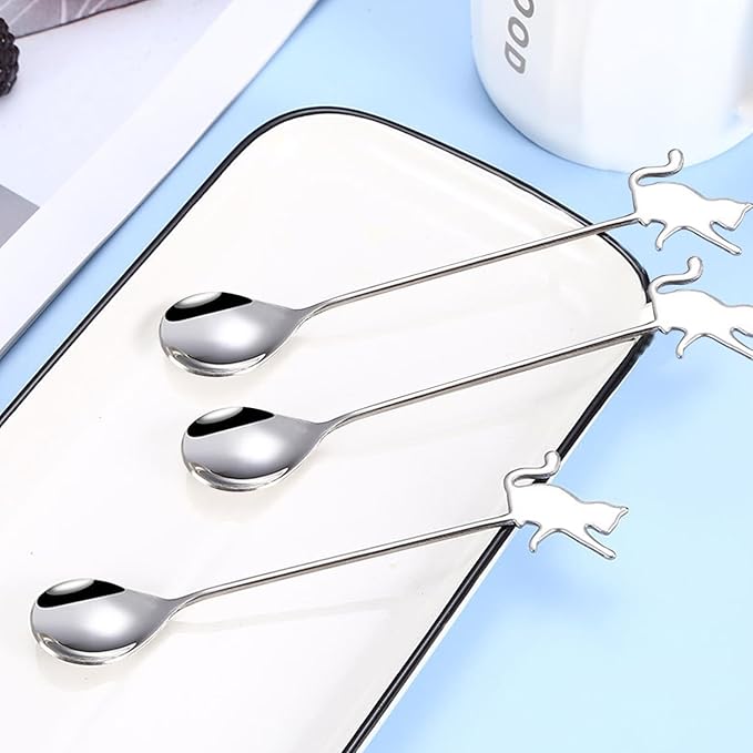 Stainless Steel Mini Coffee Espresso Spoon, Dessert Teaspoons Small Soup Spoons, Silver Cute Animals Coffee Spoon, 5.6 inch, Set of 4
