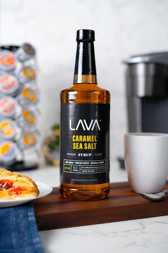 LAVA Premium Salted Caramel Syrup, Sea Salt Caramel Coffee Sweetener, 33.8oz (1-Liter), Made with 100% Sugar, No Artificial Sweeteners, Flavors, or Colors. (1-Pack)