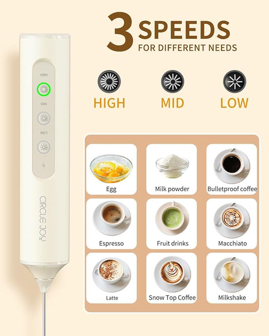 CIRCLE JOY Rechargeable Handheld Milk Frother Wand with 3 Variable Speeds, 3 Whisks and Storage Box, Electric Drink Mixer for Latte, Cappuccino, Hot Chocolate, Eggs and Protein Powder, Beige