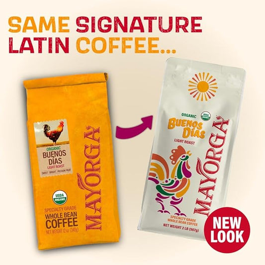 Mayorga Organic Coffee 2lb Buenos Dias - Light Roast Whole Bean Coffee Specialty Grade, 100% Arabica, Slow Roasted, Citrusy and Sweet Flavor with Low Acidity - USDA Organic, Non-GMO, Kosher