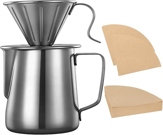 ZALIR Pour Over Coffee Maker, 304 Stainless Steel Dripper with 20 oz Frothing Pitcher & 100 Paper Filters for Rich Flavor, Portable Manual Coffee Brewer Set for Kitchen, Camping