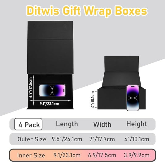 Ditwis 4 Pack 9.5x7x4 Inches Gift Boxes with Magnetic Closure Lids, Black Magnetic Box for Wedding, Groomsmen Bridesmaid Proposal, Birthdays, Mother's Day