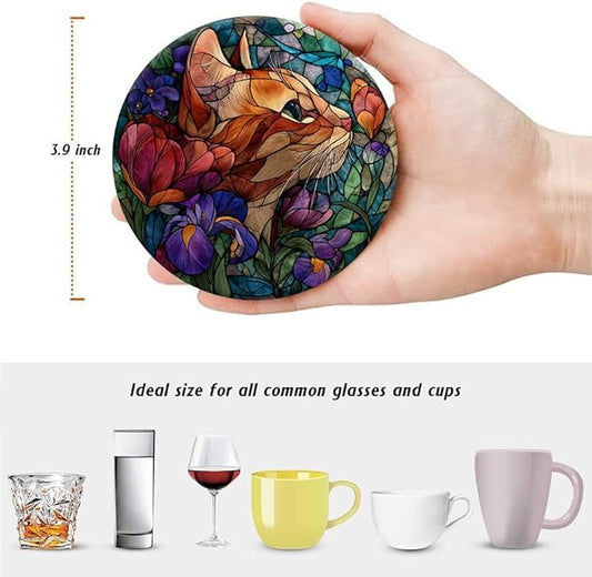 LOKMU Coasters for Drinks,Round Absorbent Ceramic Stone Coaster Sets of 6 with Metal Holder Stand,Stained Glass Cat and Flowers Coasters with Cork Base for Coffee Wooden Table,Housewarming Gifts