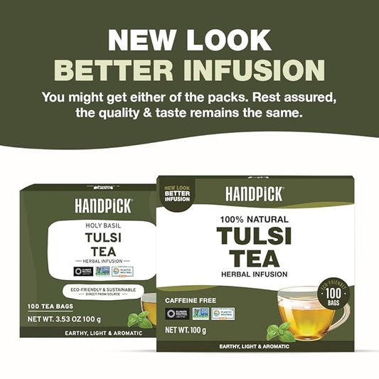 HANDPICK Original Tulsi Tea (100 count) Holy Basil Tea | Non-GMO, Caffeine-Free Herbal Tea | Ecofriendly Round Tea Bags