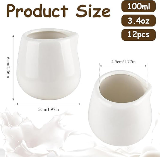 12Pack 3 oz Mini Cream Pitcher, Small Ceramic Cream Jugs, White Porcelain Creamer for Milk, Coffee, Tea, Jam, Sauces