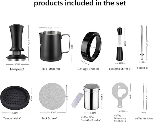 25 PCS Espresso Accessories - 53mm Coffee Tamper Set, with Tamper, WDT Tool,Stirrer, Frothing Pitcher, Latte Art Pen, Tamper Mat, Stencils for Machine, Dosing Funnel, Coffee Sifter Sprinkler Powder
