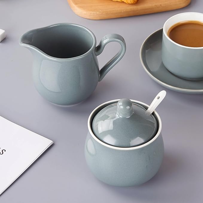 12 OZ Ceramic Sugar and Creamer Set, Coffee Serving Set, 3 Piece Cream Pitcher Sugar Bowl with Lid and Spoon (Gray)