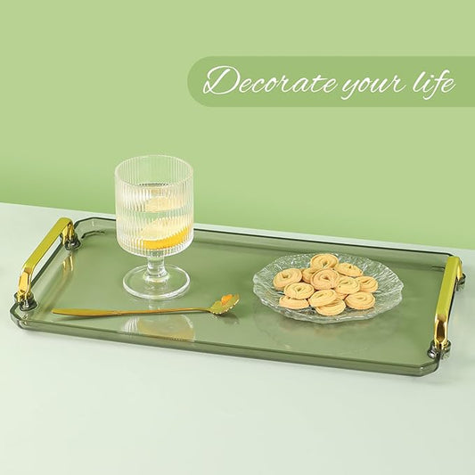 Serving Tray with Handles Serving Tray Valet Tray Plastic Serving Trays for Party, Kitchen, Bathroom, Dessert Table, Cupcake Display, Acrylic Tray for Ottoman Coffee Table, Decorative Trays (Green)
