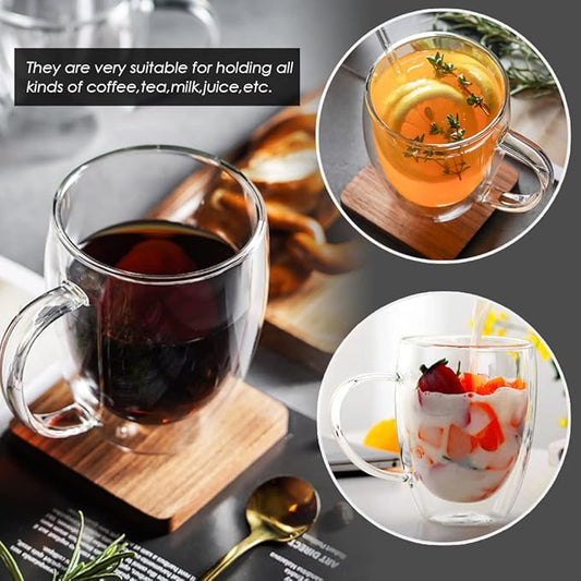 12 oz Double Walled Glass Coffee Mugs, Clear Glass Mug Set of 4, Insulated Borosilicate Glass Coffee Cups with Handle, Espresso Mugs for Cappuccino, Latte, Tea, Hot/Cold Drink
