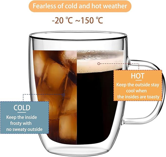 Double Wall Glass Coffee Mugs 350ml / 12oz – Set of 2 Insulated Clear Cups for Espresso, Latte, Cappuccino, Tea, Hot or Cold Drinks (12oz set of 2)