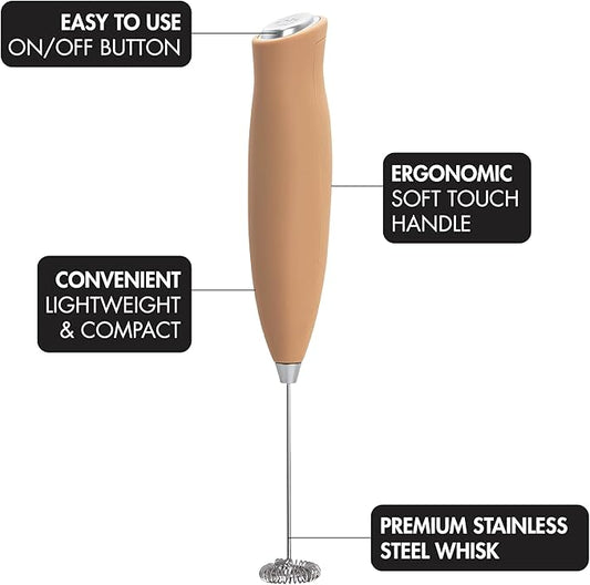 Primula Handheld Electric Milk Frother, Powerful Motored Whisk, Portable Battery-Powered Mini Drink Mixer for Latte, Cappuccino, Matcha & More, Brown