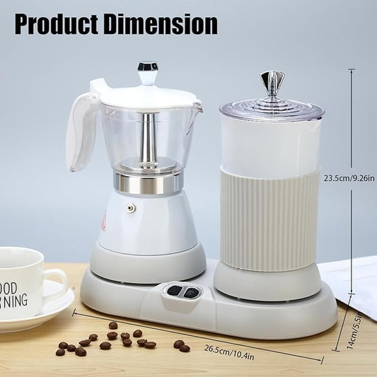 Espresso Maker with Milk Frother Electric Moka Pot 2-in-1 Espress Machine Aluminium One-Touch Operation Milk Froth Fine and Dense White 110V