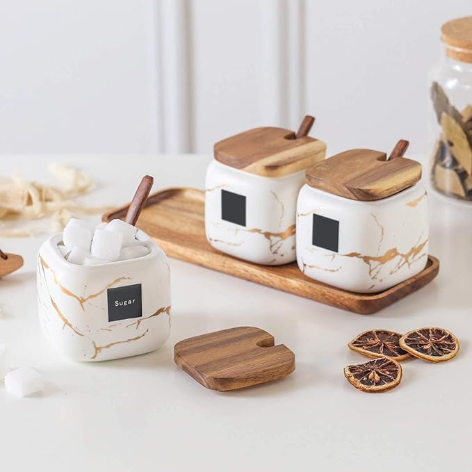 3 Pcs Sugar Bowls Ceramic Coffee Jar Set Ceramic Seasoning Jar with Lid Spoon and Tray/Food Storage Canister