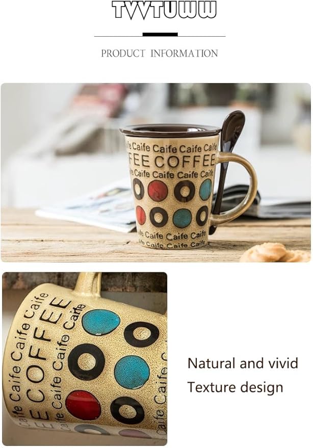 Ceramic Coffee Mugs Set of 1, 12 oz Stoneware Coffee Cup with Spoon and Lid, Cup for Latte, Tea, Cappuccino, Cocoa, Microwave Dishwasher Safe, Modern Unique Aesthetic Christmas Gift, Green Letter Cup