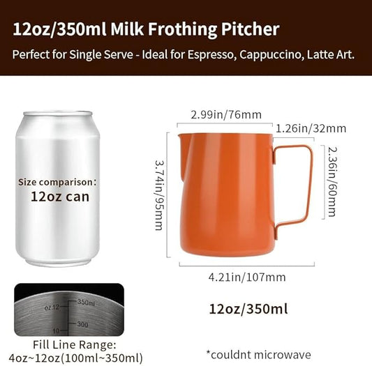 watchget Stainless Steel Milk Frothing Pitcher 12oz/350ml - Espresso Steaming Pitcher for Cappuccino, Latte Art, Coffee Machine Accessories Milk Jug Coffee Frother Cup, Orange
