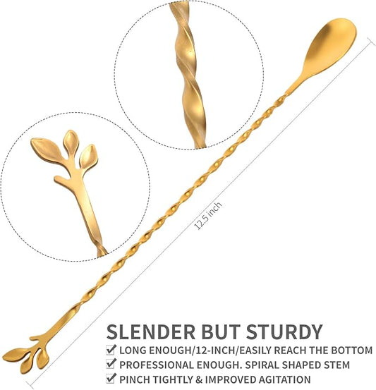 AnSaw Gold 12-Inch Stainless Steel Cocktail Spoon with Leaf Handle - Perfect for Mixing & Layering Drinks in Tall Cups, Bar & Shakers - Durable Long Handle Bar Stirrer,2-Pieces