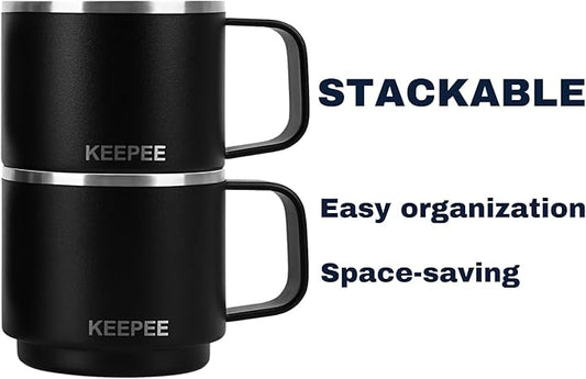 4 oz Stackable Cup with Handle, Vacuum Insulated Espresso Coffee Cup with Ceramic Lining, Stainless Steel, 2 Pack, Black