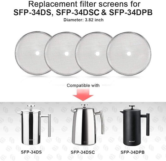 Secura French Press Replacement Screens, Stainless Steel Reusable Mesh Filter for 34 Ounce, 1 Liter, 8 Cup Coffee Press, 4 Pack