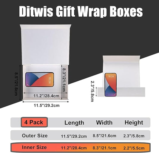Ditwis 4 Pack 11.5x8.5x2.3 Inches Gift Boxes with Magnetic Closure Lids, White Magnetic Box for Wedding, Groomsmen Bridesmaid Proposal, Birthdays, Mother's Day